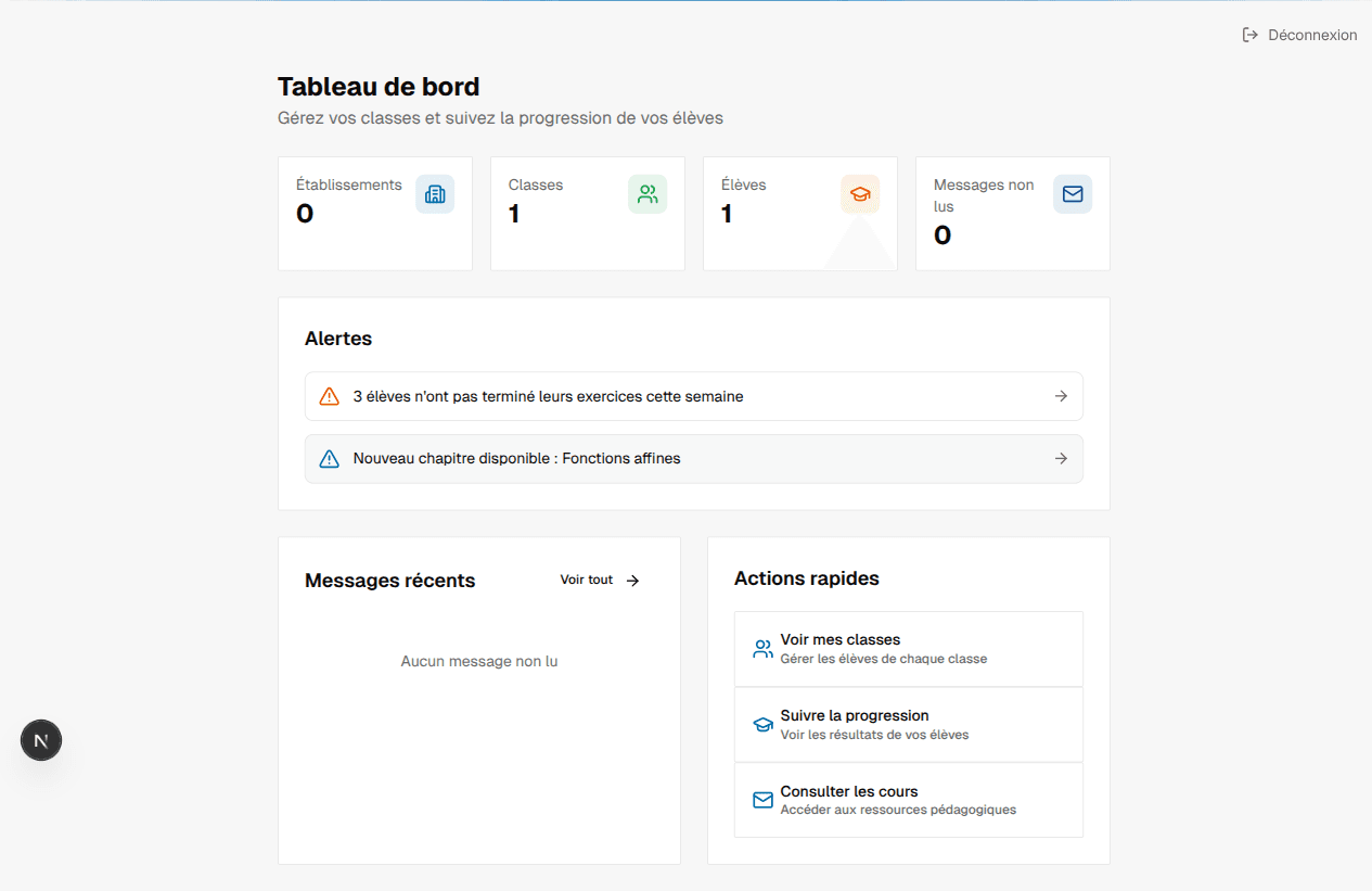 Tableau de bord enseignant